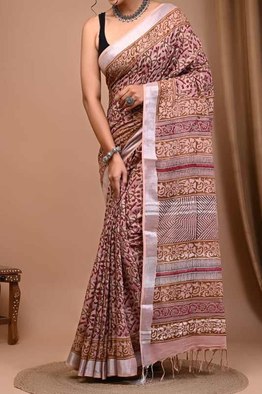 Bagru Handblocked Cotton Slub Multicolor Saree with Natural Dyes