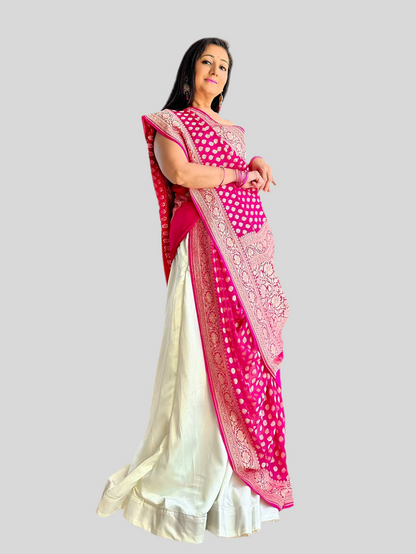 Handwoven pure Banarasi Khaddi Georgette Saree in Hot Pink