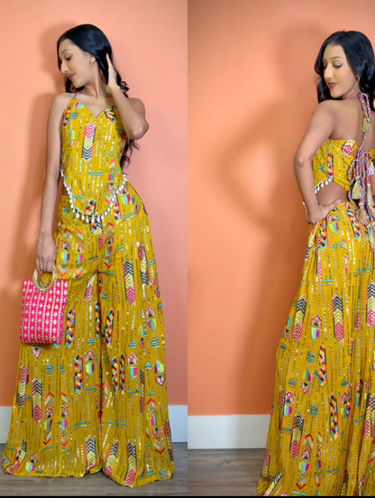 Ravishing Mustard Coordinated Backless Palazzo Set