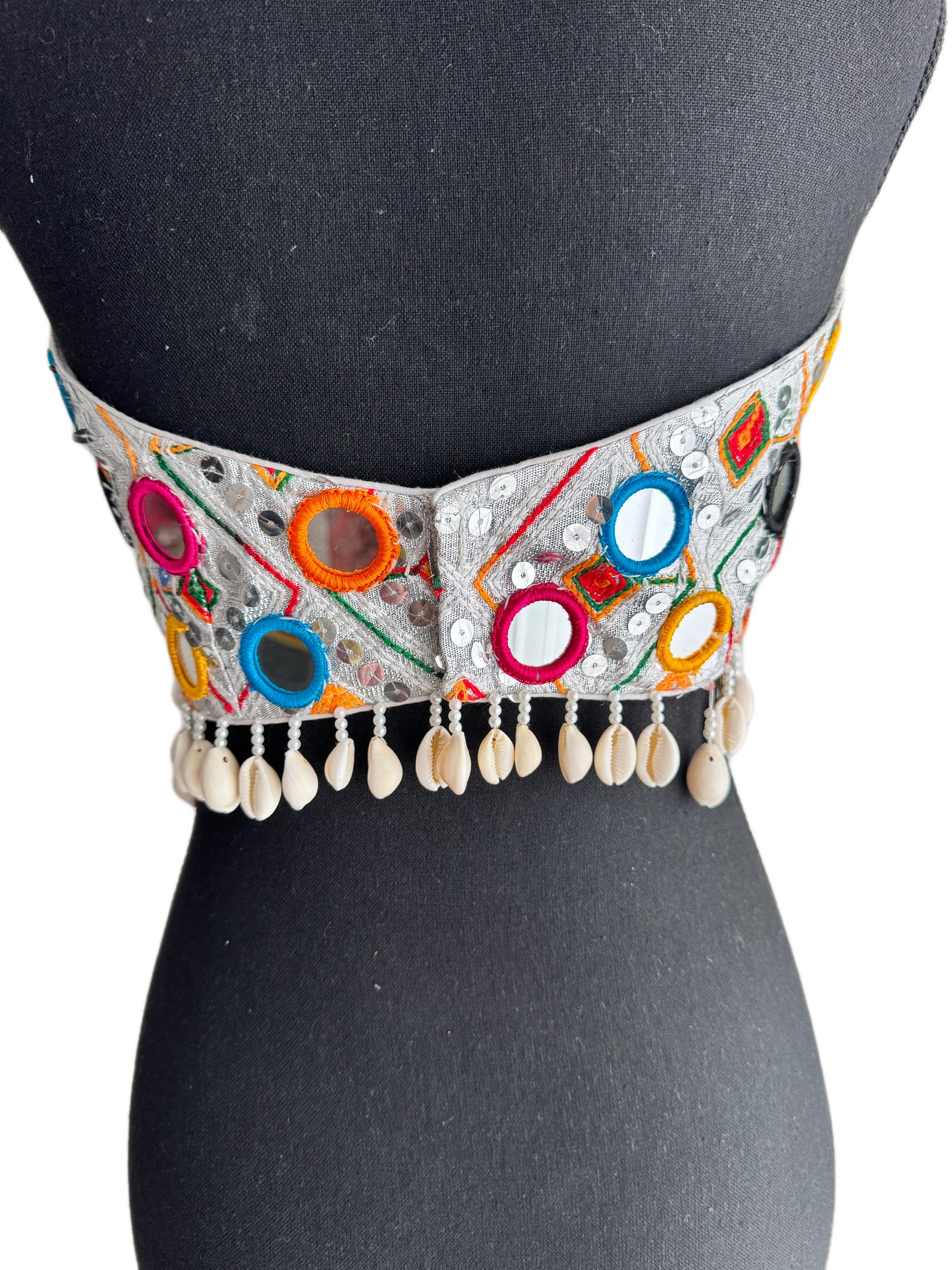 The Upcycled Katran Choli: Hand-Embroidered Strapless Blouse with Kaudi Jhallar