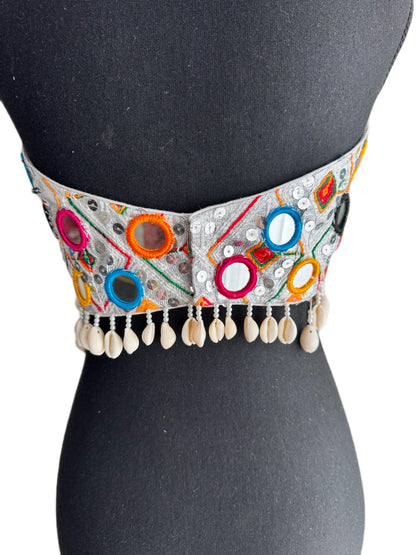 The Upcycled Katran Choli: Hand-Embroidered Strapless Blouse with Kaudi Jhallar