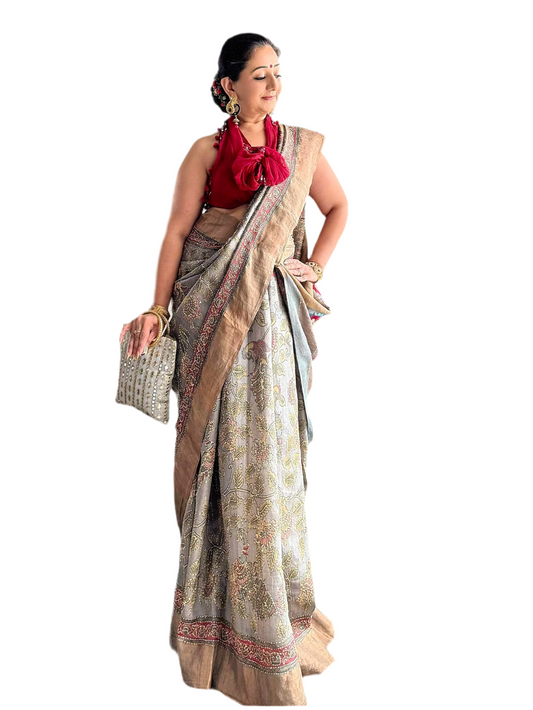 Handwoven pure Tussar Silk Kantha+Kalamkaari Saree
