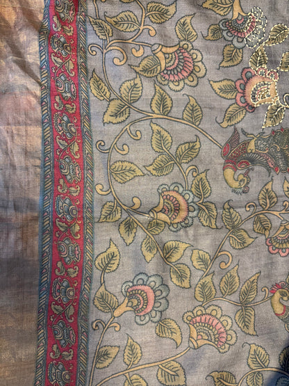 Handwoven pure Tussar Silk Kantha+Kalamkaari Saree