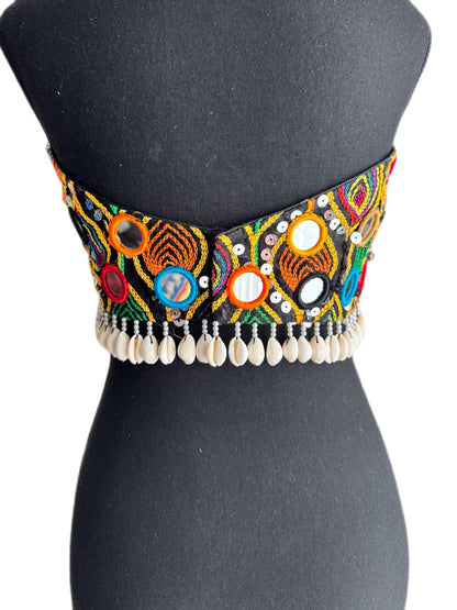 The Upcycled Katran Choli: Hand-Embroidered Strapless Blouse with Kaudi Jhallar