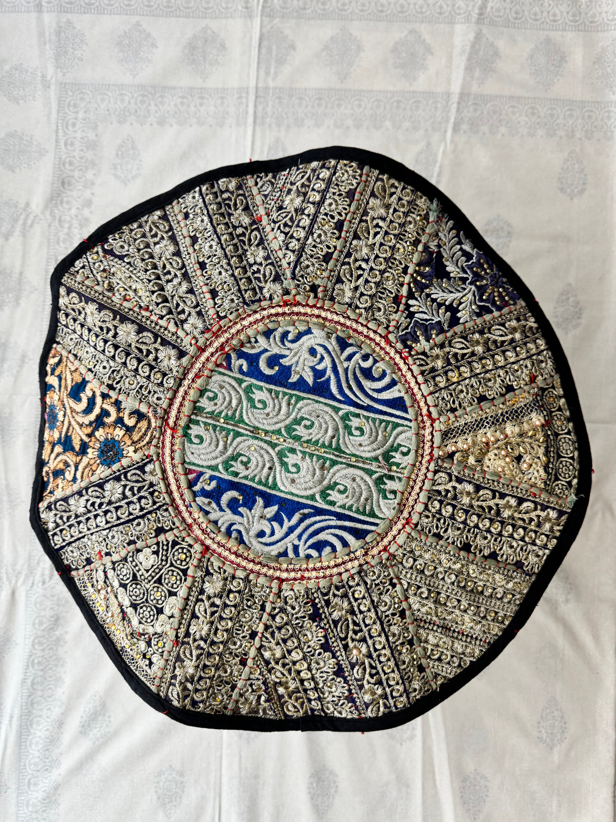 Patchwork Embroidered Decorative Large Round Center Mat (Royal blue)