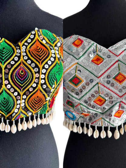 The Upcycled Katran Choli: Hand-Embroidered Strapless Blouse with Kaudi Jhallar