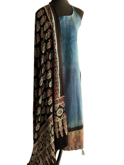 Hand-Brushed Cotton Ajrakh Daman Long Kurti & Pae-Jamah with Pure Modal Dupatta