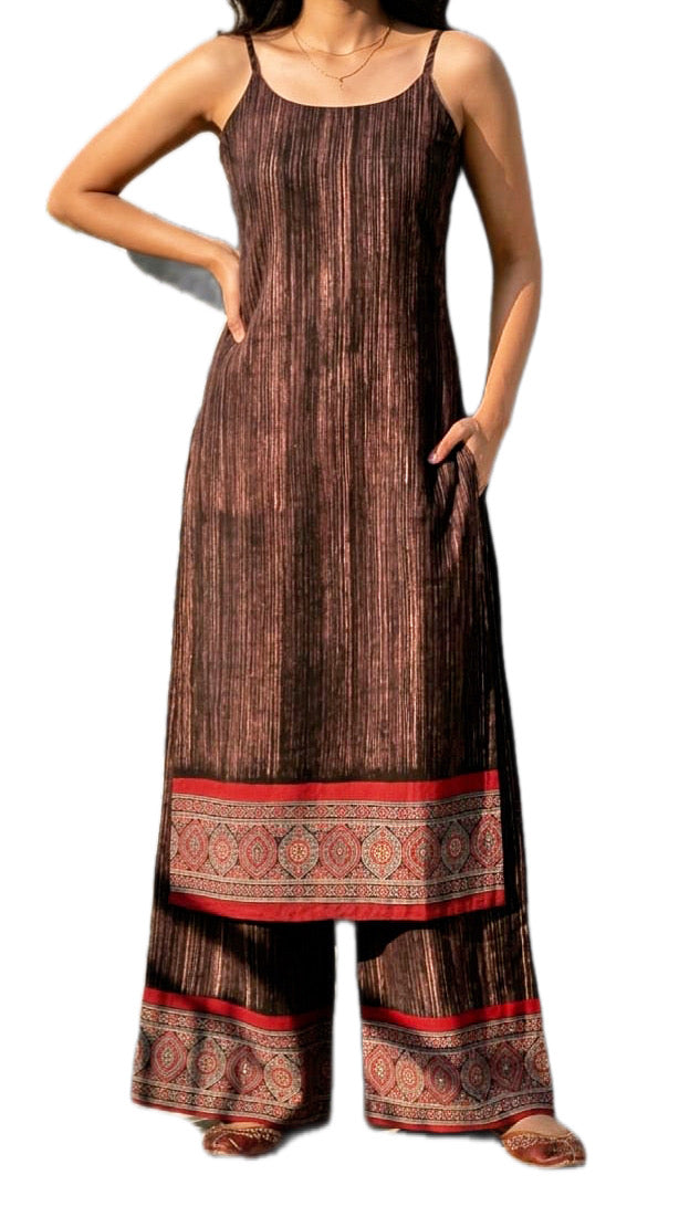 Hand-Brushed Cotton Ajrakh Daman Long Kurti & Pae-Jamah with Pure Modal Dupatta
