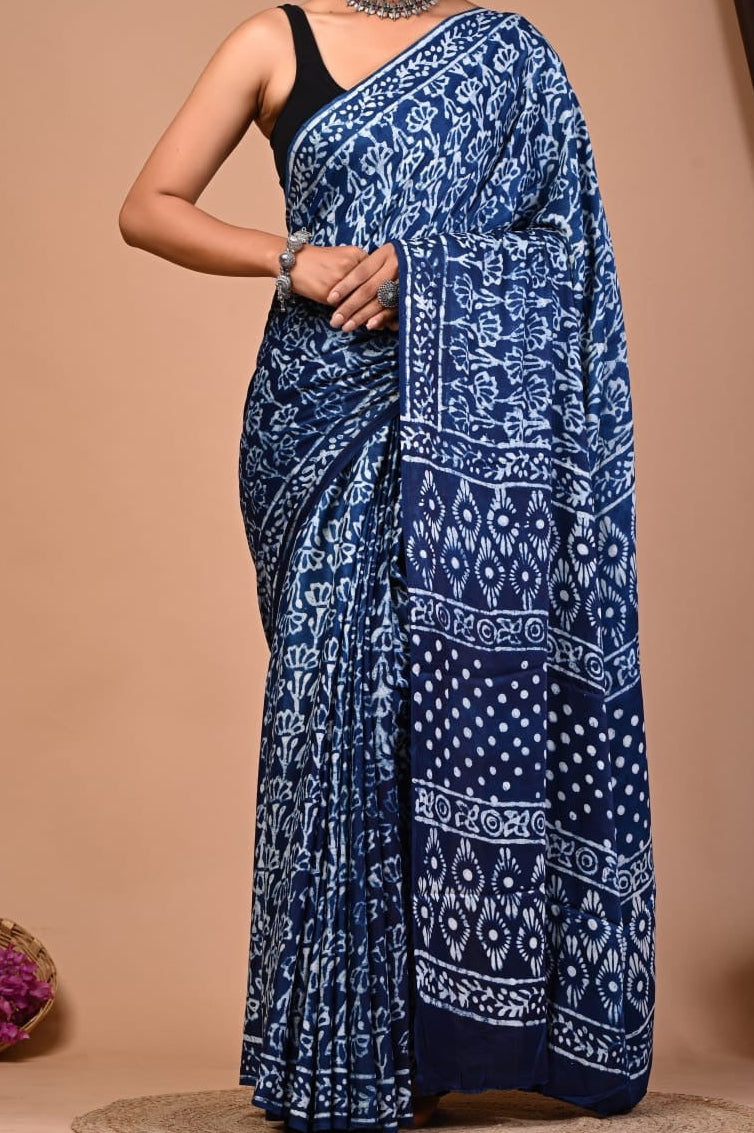 Ajrakh Modal Reversible Indigo Saree