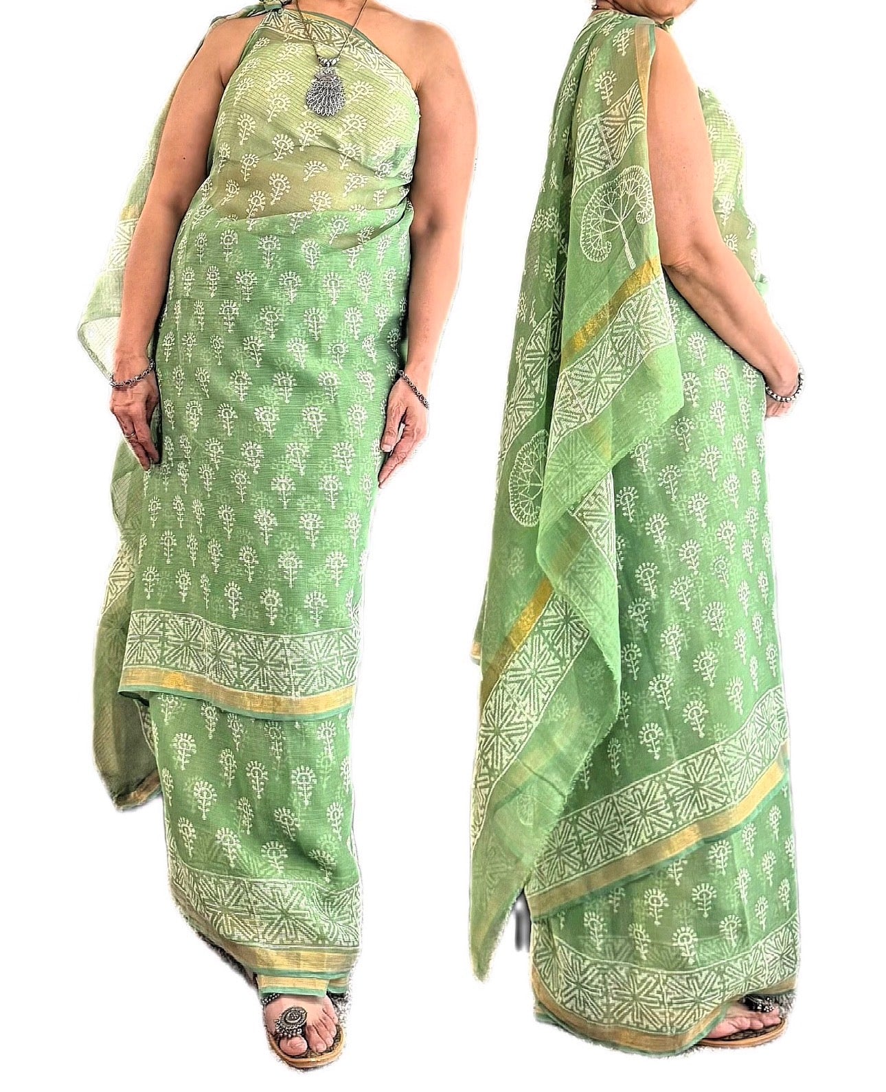 Kota Doria Saree – Hand Block Printed Bagru Natural Dye Cotton Silk Saree