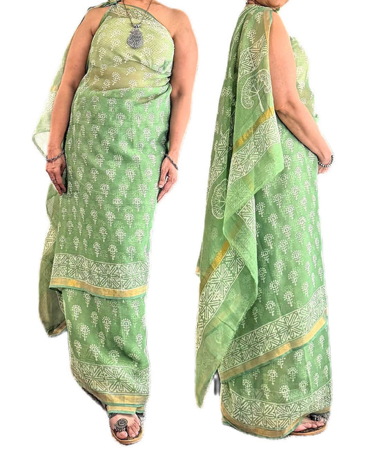 Kota Doria Saree – Hand Block Printed Bagru Natural Dye Cotton Silk Saree