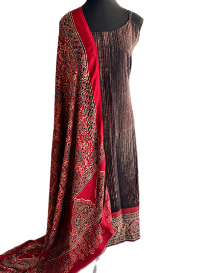 Hand-Brushed Cotton Ajrakh Daman Long Kurti & Pae-Jamah with Pure Modal Dupatta