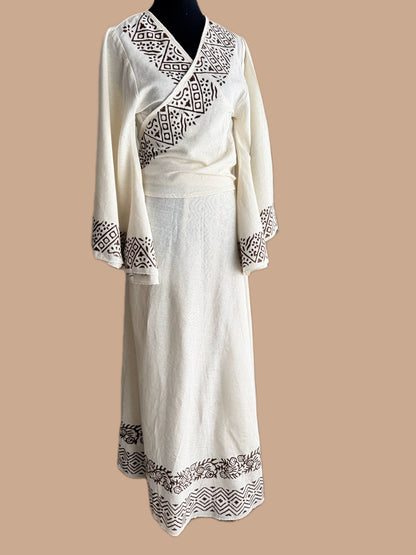Tarangini Hand-Block Wrap Top with Umbrella Sleeves in Warm Ivory (Cotton Flax)