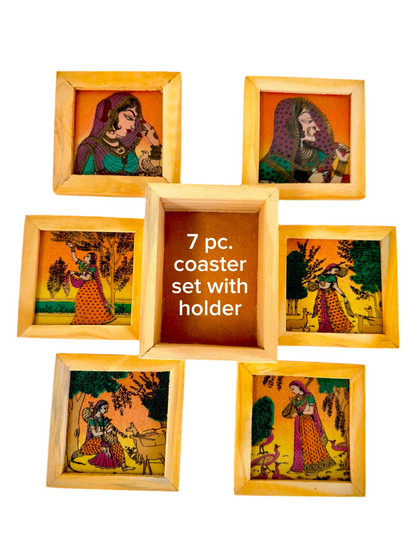 Handcrafted Wooden 7 Piece Traditional Rajasthani Tea Coaster Set