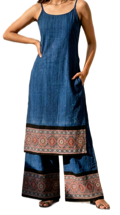 Hand-Brushed Cotton Ajrakh Daman Long Kurti & Pae-Jamah with Pure Modal Dupatta