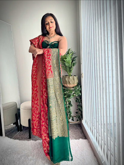 Handwoven pure Banarasi Khaddi Georgette Saree in Red & Green
