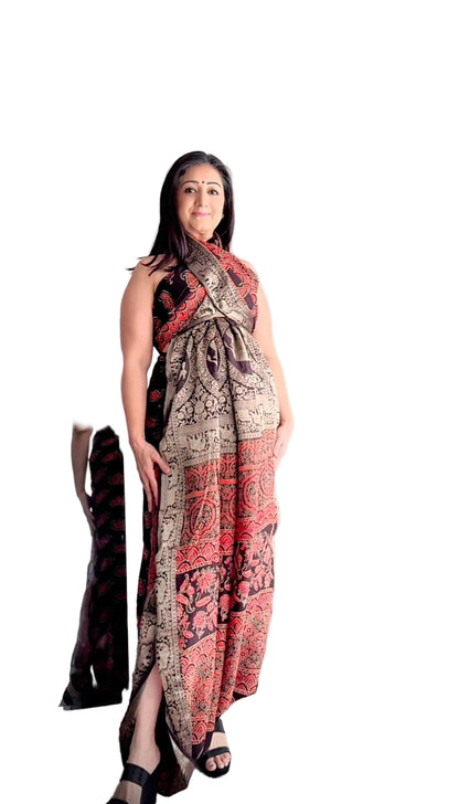 Ajrakh Saree with Zari Pallu - adorned with kairi and haathi motifs