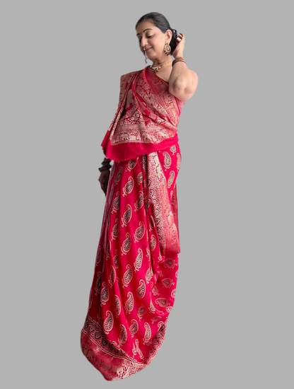 Ajrakh Saree with Zari Pallu - adorned with kairi and haathi motifs