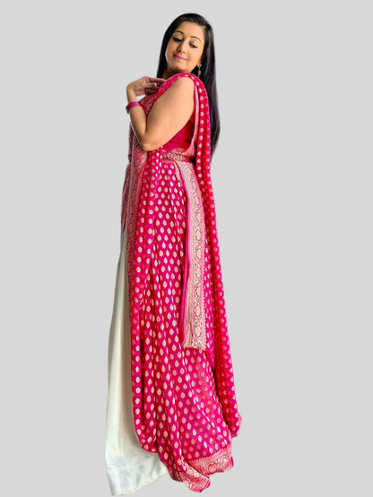 Handwoven pure Banarasi Khaddi Georgette Saree in Hot Pink