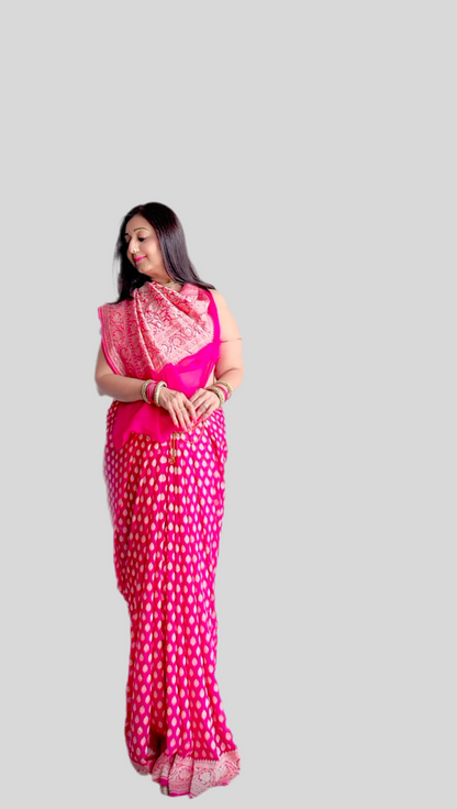 Handwoven pure Banarasi Khaddi Georgette Saree in Hot Pink