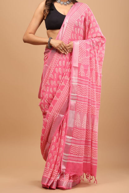 Bagru Handblocked 100% Cotton Slub Saree with Natural Dyes