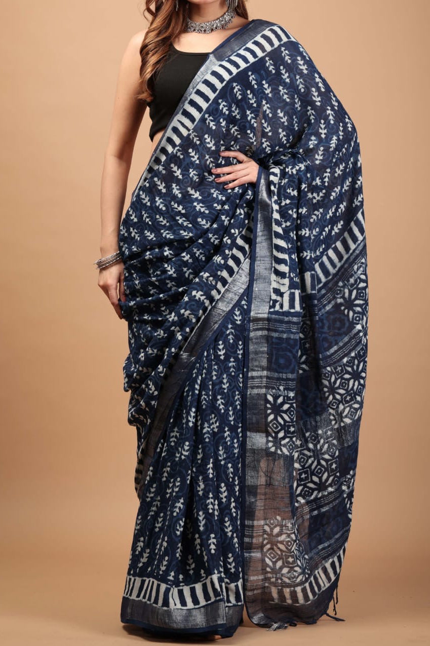 Bagru Handblocked Cotton Slub Indigo Saree with Natural Dyes