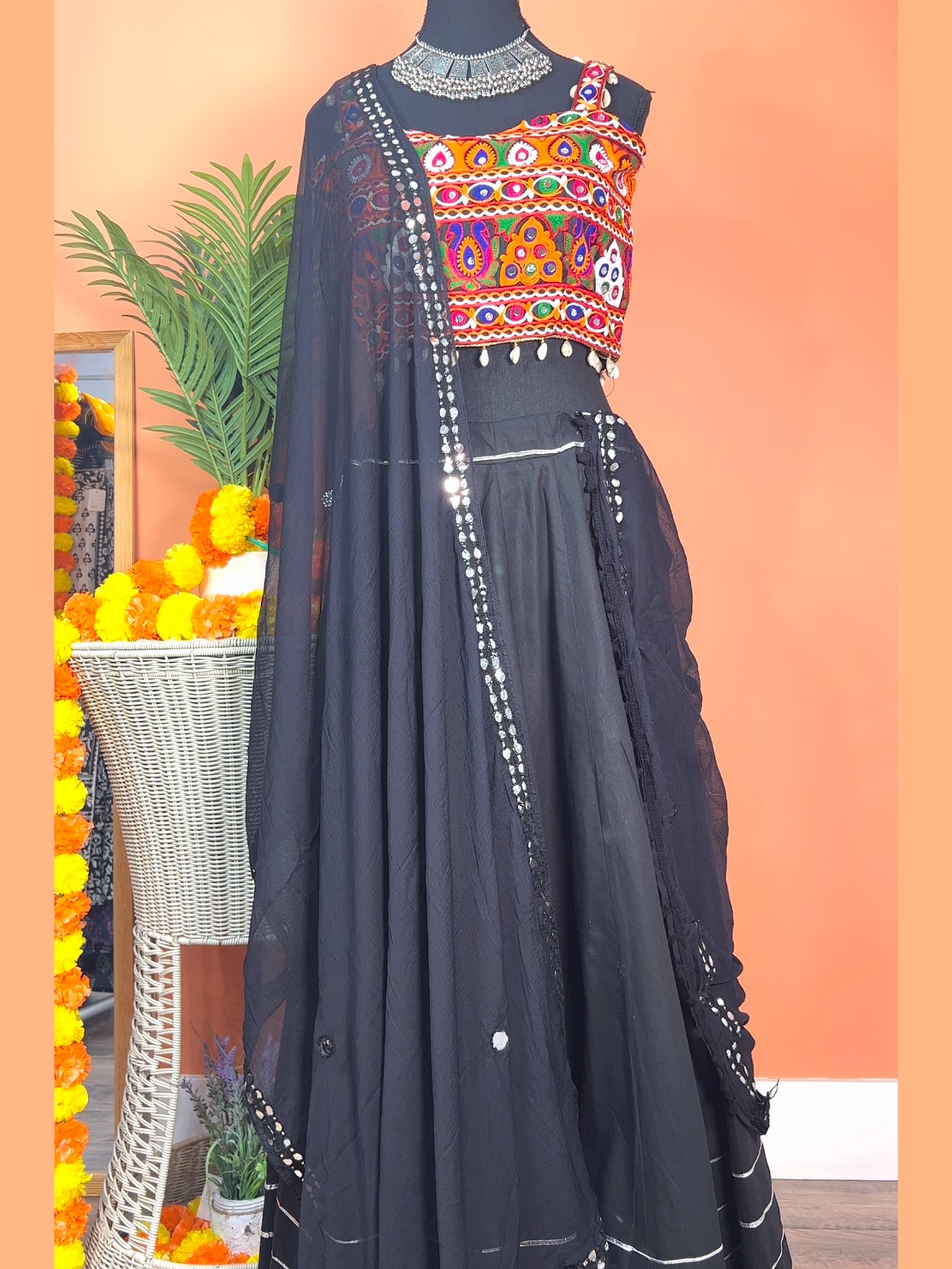 Black Chaniya with Kutch Mirror Work Choli & Kutchi Dupatta - Femantraa