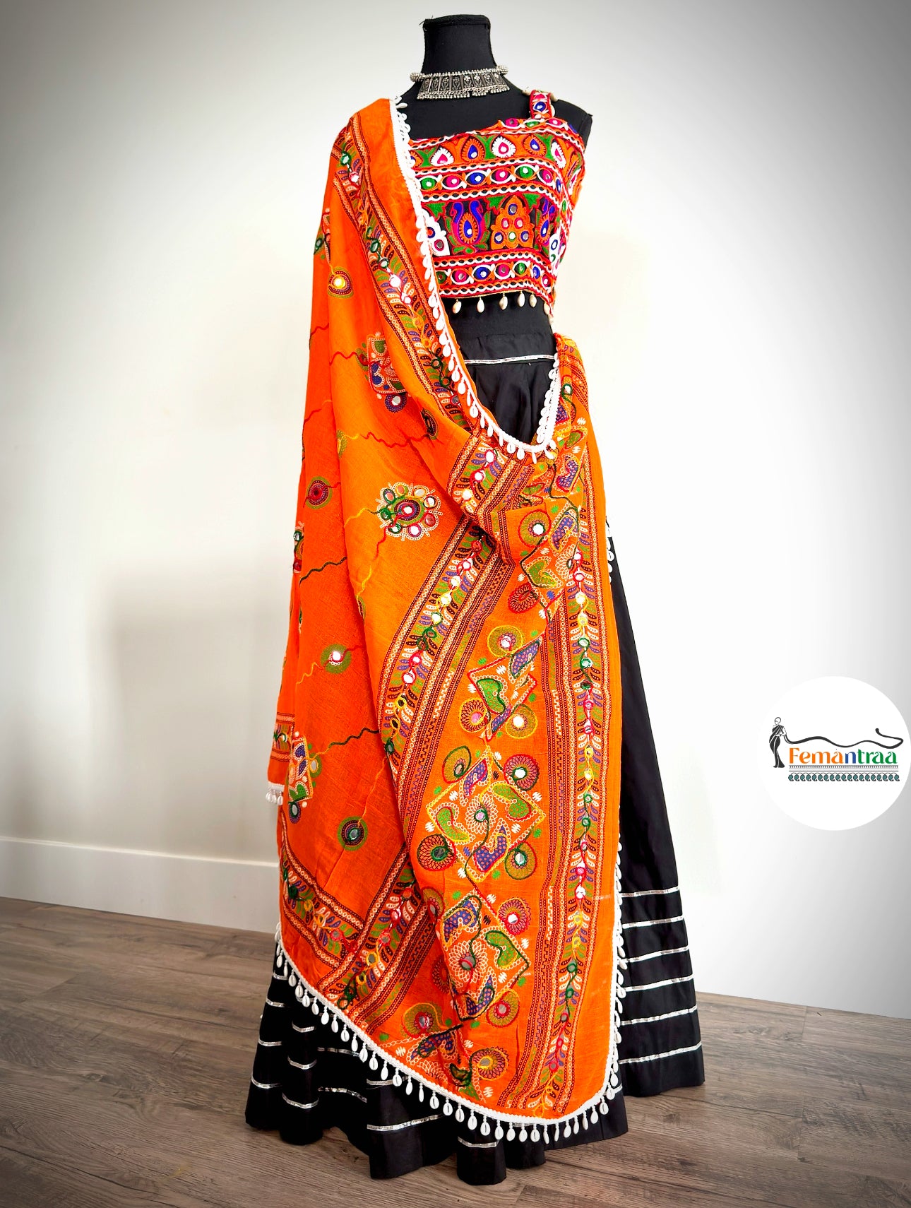 Black Chaniya with Kutch Mirror Work Choli & Kutchi Dupatta - Femantraa