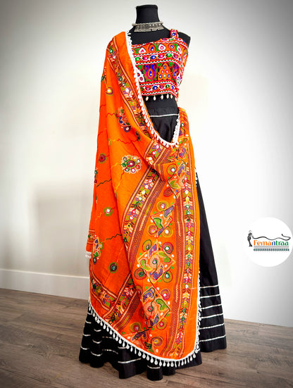 Black Chaniya with Kutch Mirror Work Choli & Kutchi Dupatta - Femantraa