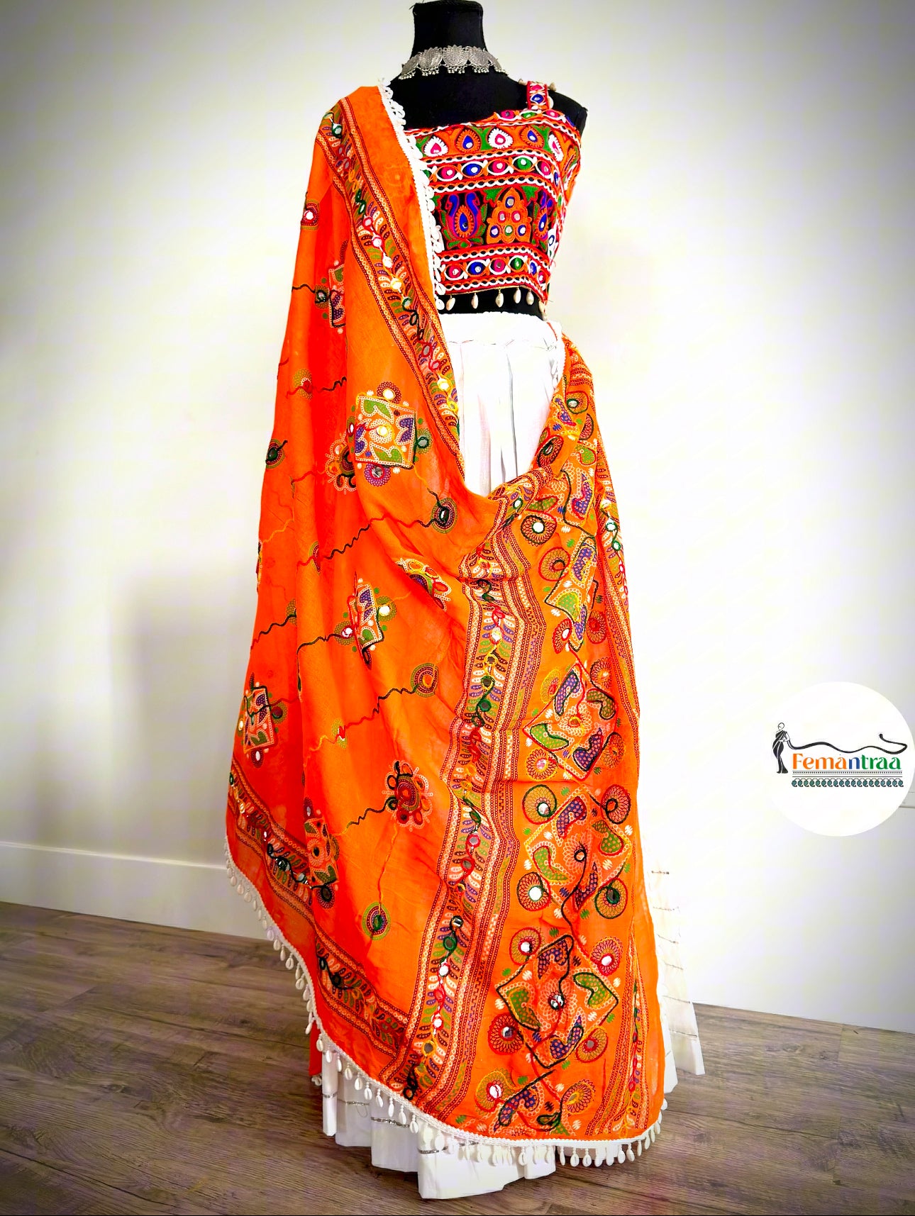 White Chaniya with Kutch Mirror Work Choli & Kutchi Dupatta - Femantraa