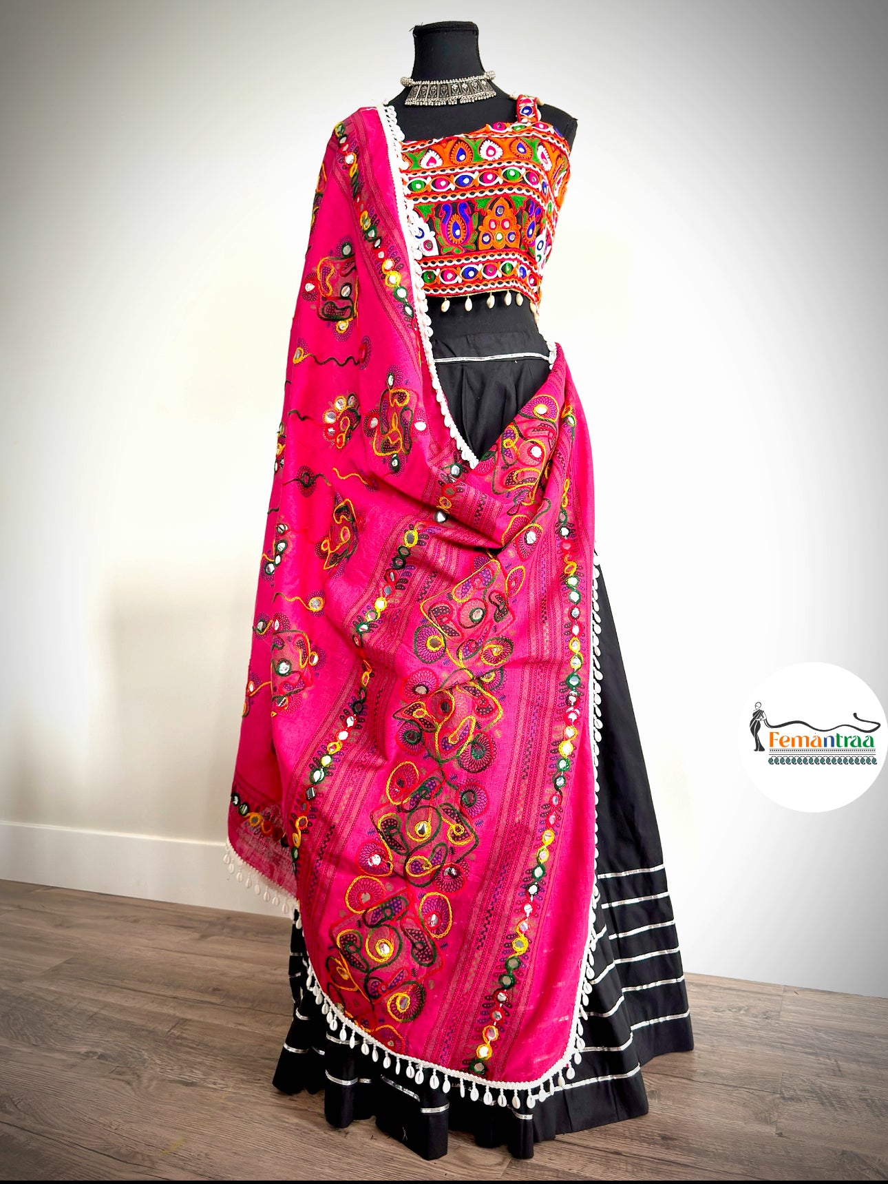 Black Chaniya with Kutch Mirror Work Choli & Kutchi Dupatta - Femantraa