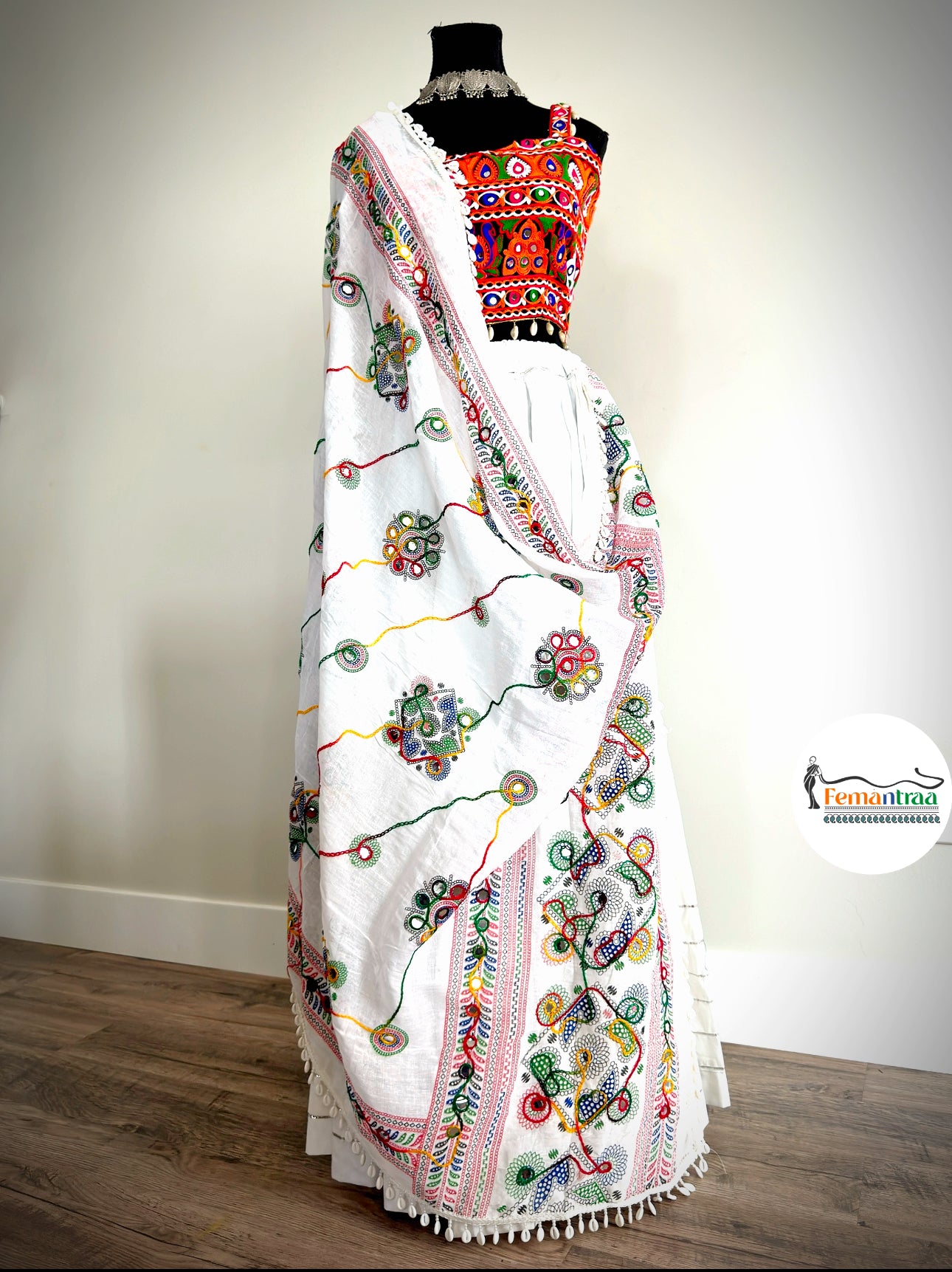 White Chaniya with Kutch Mirror Work Choli & Kutchi Dupatta - Femantraa