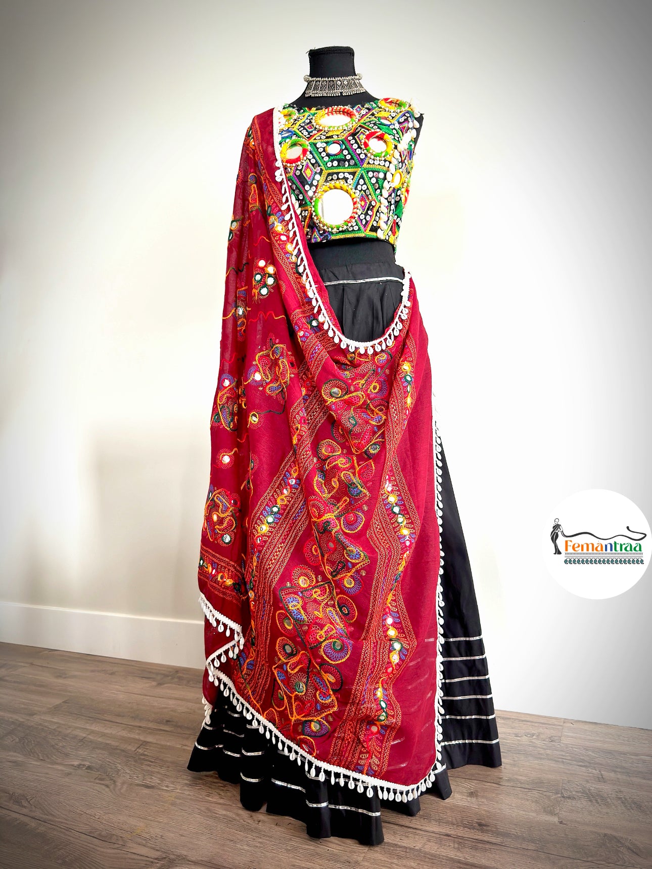 Black Chaniya with Kutch Mirror Work Choli & Kutchi Dupatta - Femantraa