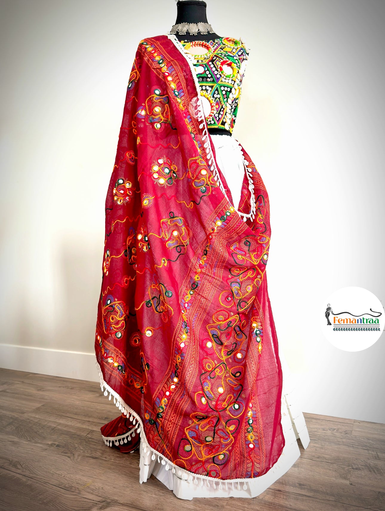 White Chaniya with Kutch Mirror Work Choli & Kutchi Dupatta - Femantraa