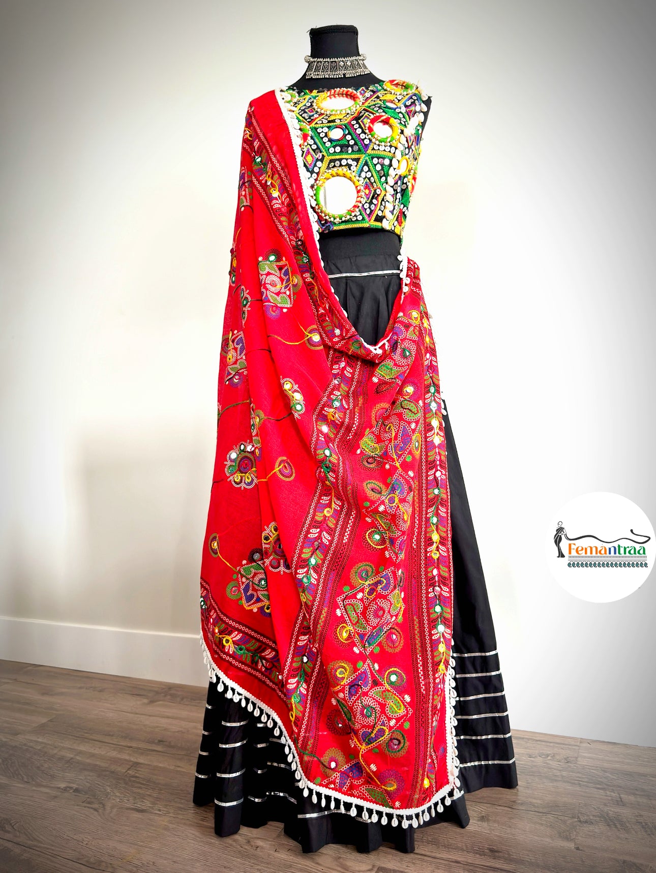 Black Chaniya with Kutch Mirror Work Choli & Kutchi Dupatta - Femantraa