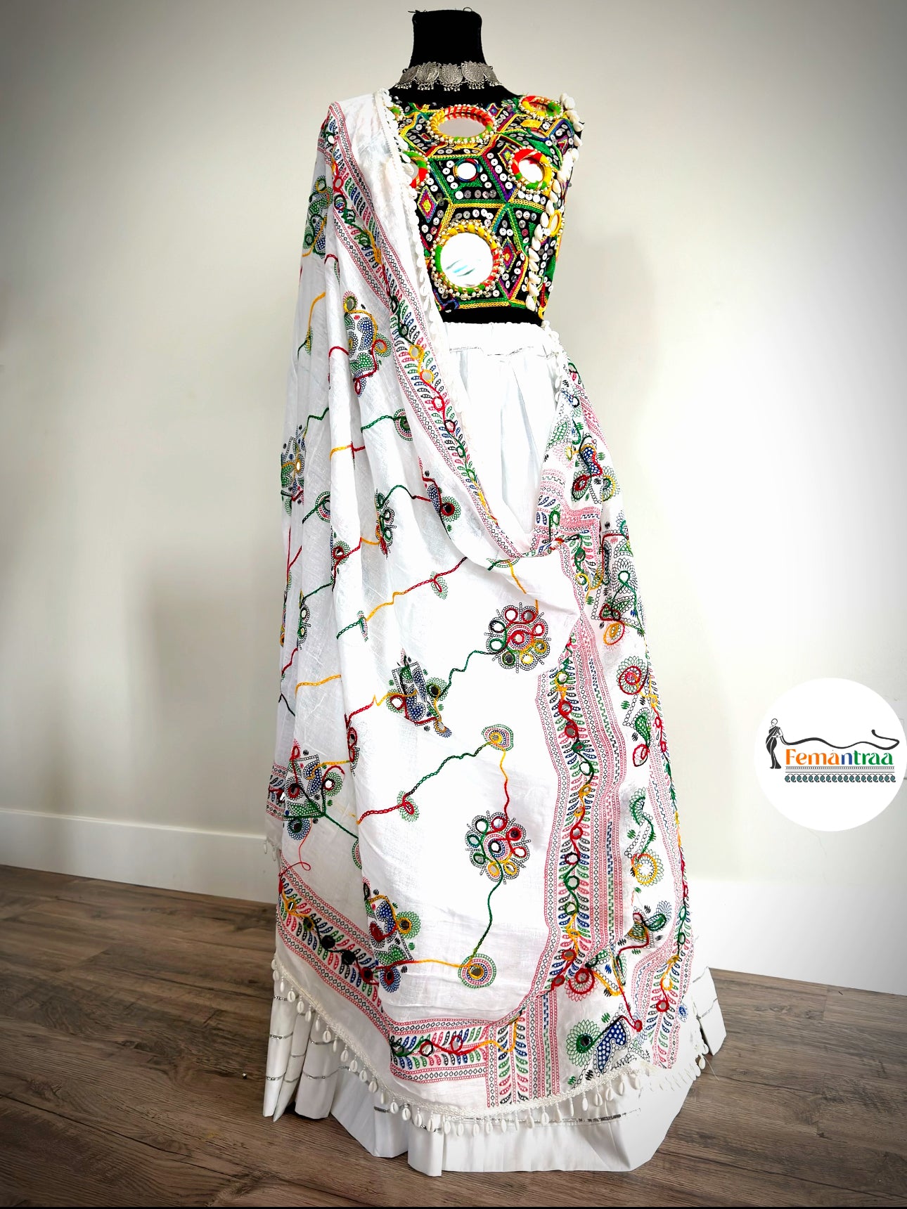 White Chaniya with Kutch Mirror Work Choli & Kutchi Dupatta - Femantraa