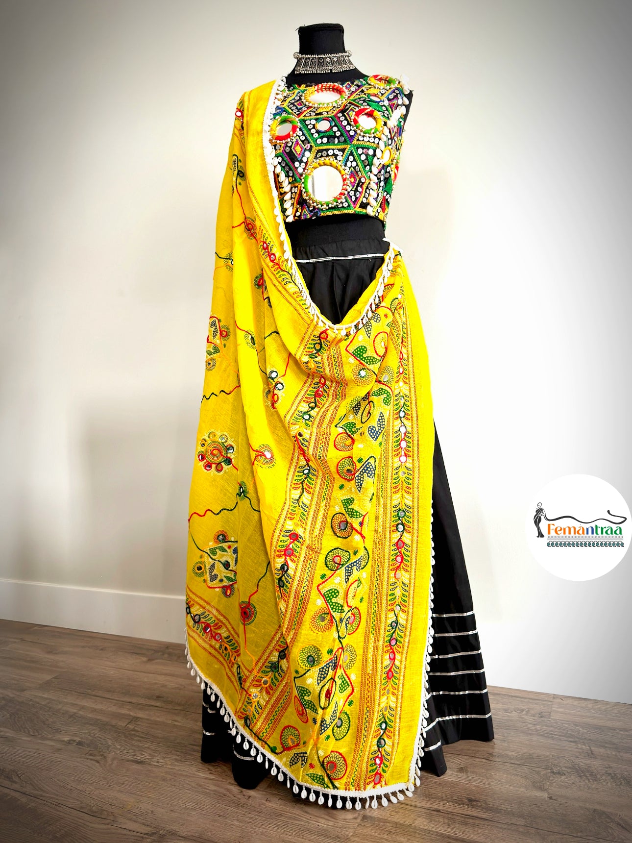 Black Chaniya with Kutch Mirror Work Choli & Kutchi Dupatta - Femantraa