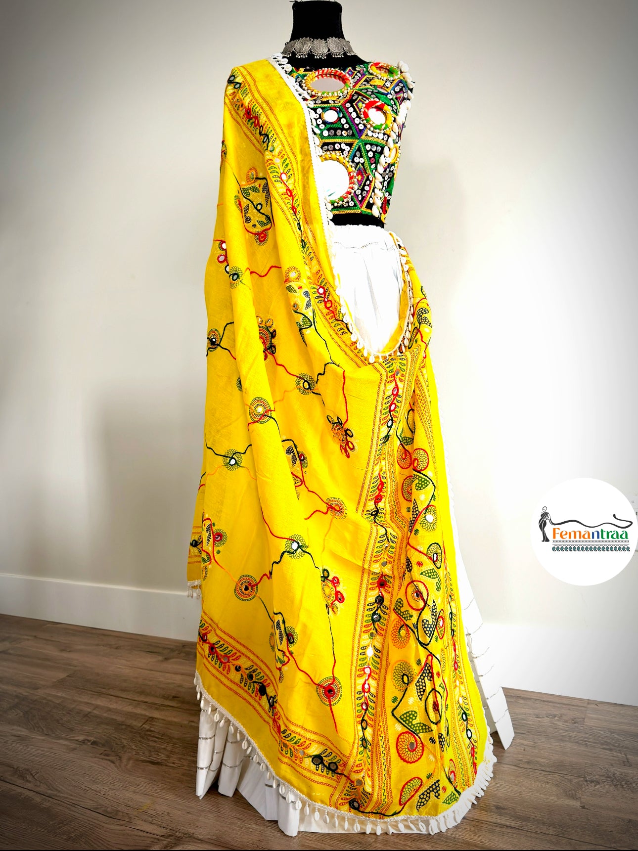 White Chaniya with Kutch Mirror Work Choli & Kutchi Dupatta - Femantraa