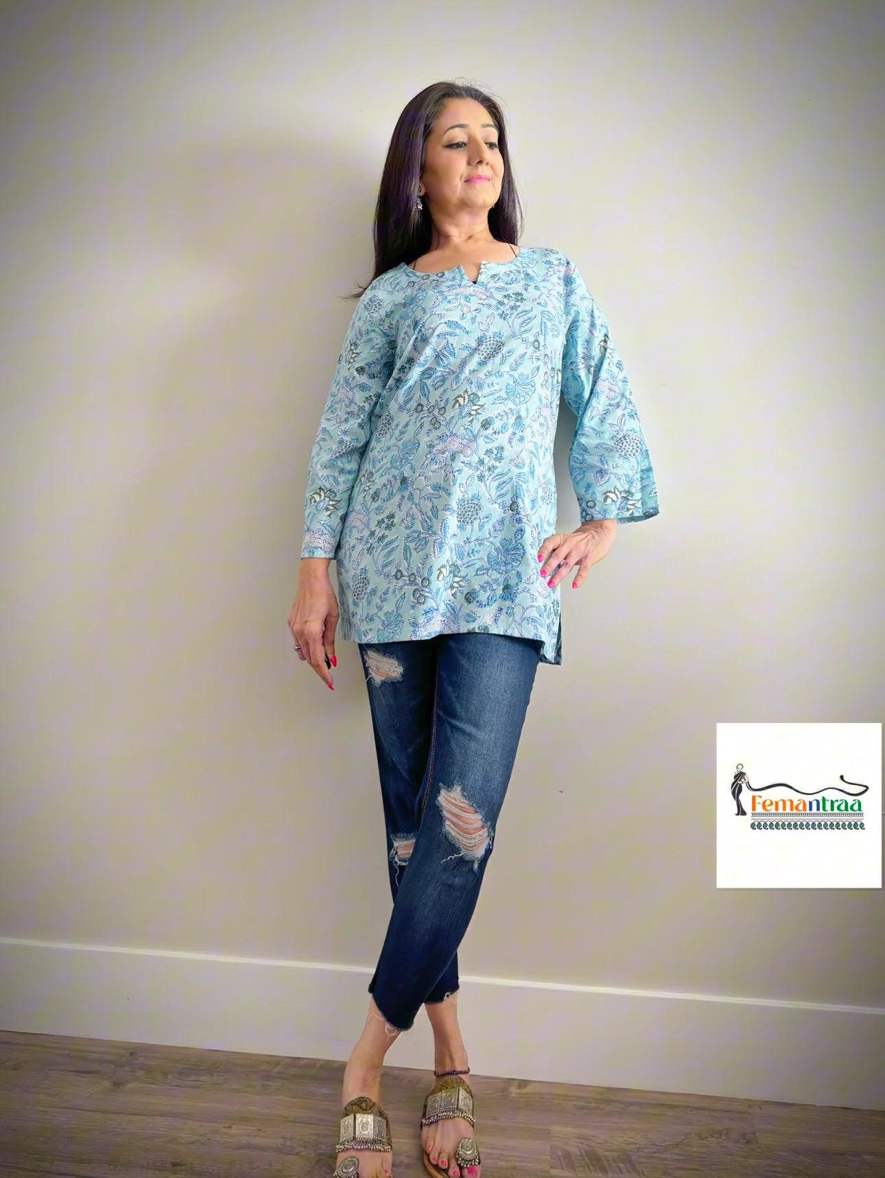 Boho Chic: Vibrant Mulmul Cotton Handblock Print Tunic Kurtis - Femantraa