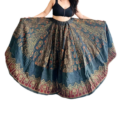 Long maxi Ghera Lehenga Skirts - Cotton Ajrakh handblock