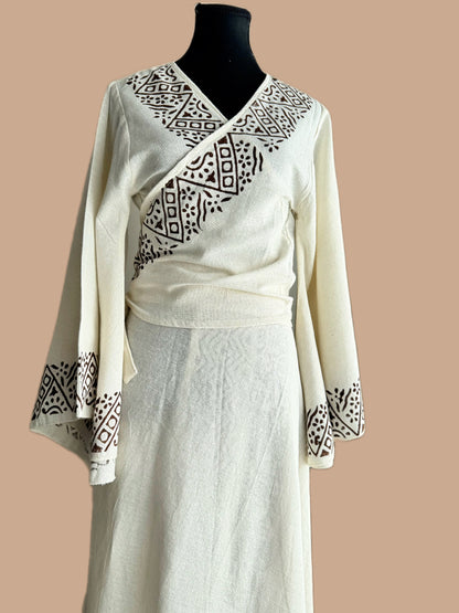 Tarangini Hand-Block Wrap Top with Umbrella Sleeves in Warm Ivory (Cotton Flax)