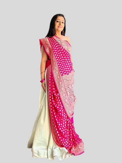 Handwoven pure Banarasi Khaddi Georgette Saree in Hot Pink