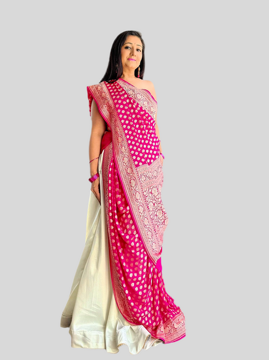 Handwoven pure Banarasi Khaddi Georgette Saree in Hot Pink