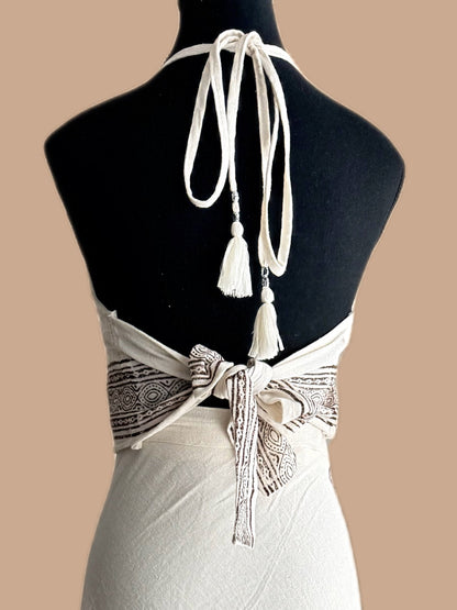 Om Hand-Block Halter Choli in Warm Ivory (Cotton Flax)