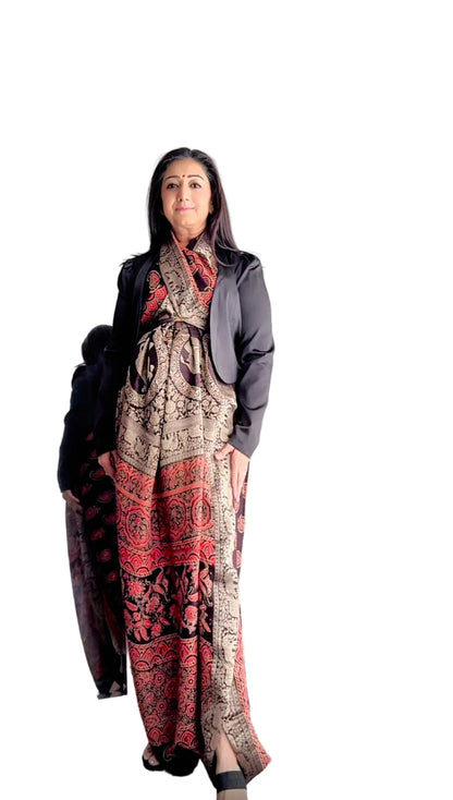 Ajrakh Saree with Zari Pallu - adorned with kairi and haathi motifs