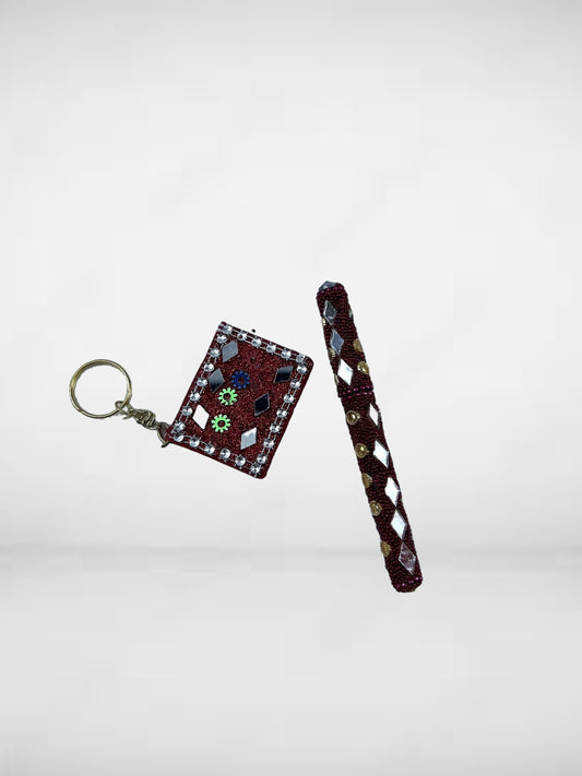 Rajasthani Ball Pen and notepad keychain set with Decorative Mirror & Beads Work