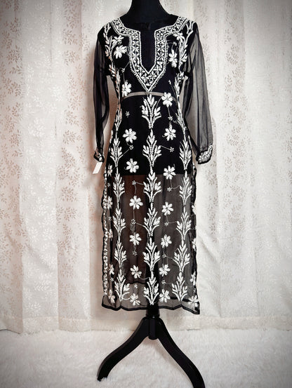 Chikankari Black Kurti: Elegant Tunic with Slits - Femantraa