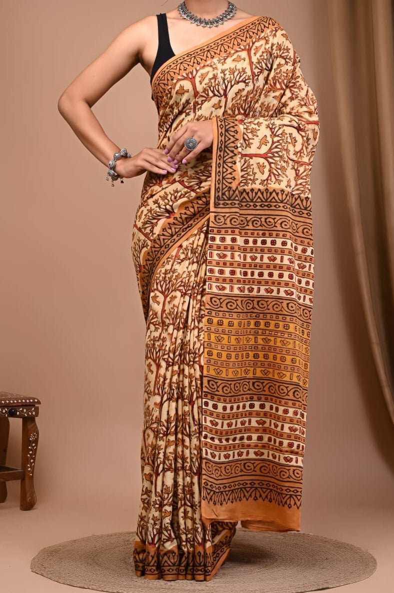 Ajrakh Handblocked Cotton Saree with Natural Dyes