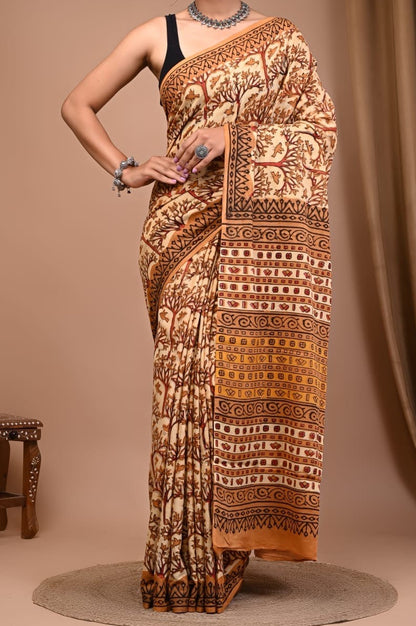 Ajrakh Handblocked Cotton Saree with Natural Dyes