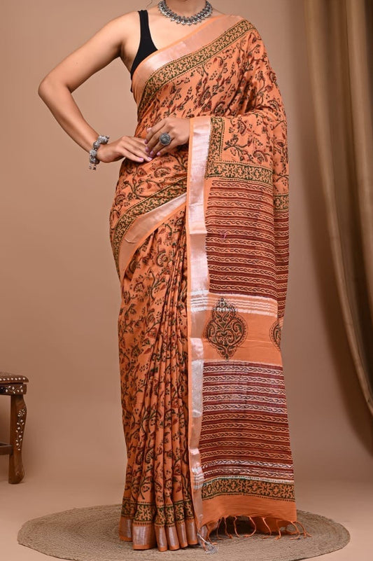 Bagru Handblocked Cotton Slub pastel orange Saree with Natural Dyes